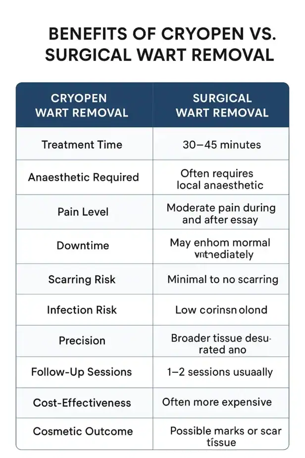 Table showing the benefits of cryopen to remove warts Brentford compared to surgical treatment